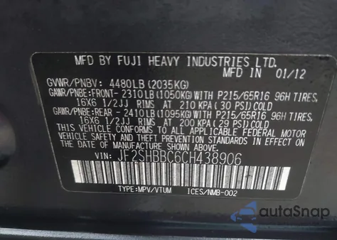 2012 Subaru Forester 2.5X z USA, uszkodzony, nr VIN JF2SHBBC6CH438906